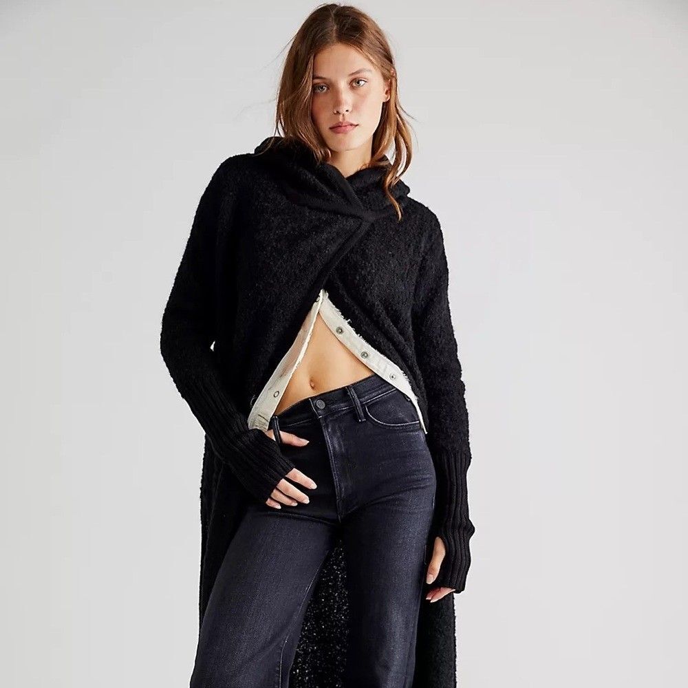 NICHOLAS K Black Andes Soft Alpaca Hooded Open Sweater Duster Layering SIZE XS